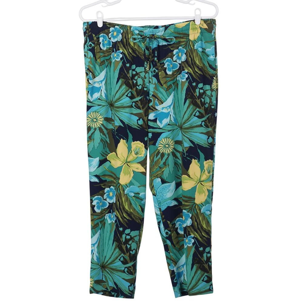 Talbots Pants XL Petite Blue Green Floral Tropical Pull On Drawstring Pockets